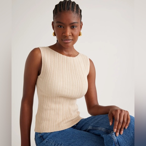 Quince Cotton Cashmere Ribbed Tank in Heather Oatmeal - Picture 2 of 11